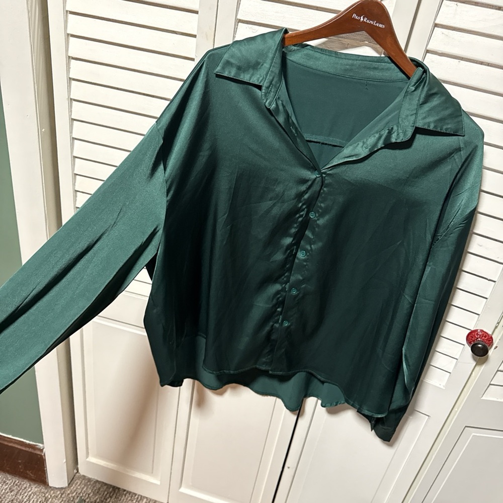Amazon Emerald Green Satin Button Down Shirt